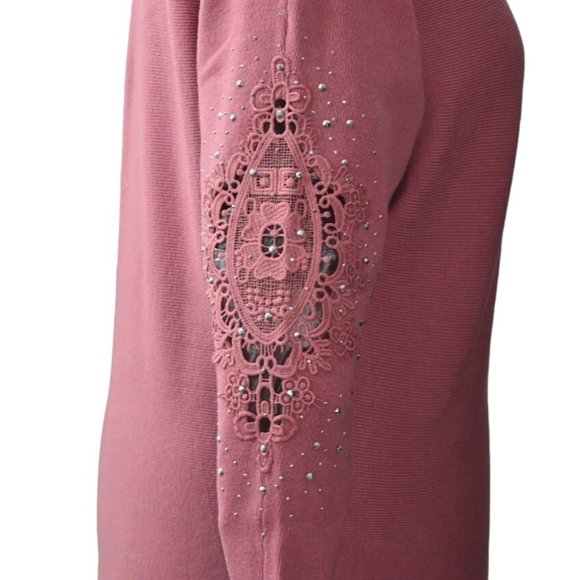 Vila Milano Sweater Crochet Beaded Sleeve Womens M Withered Rose Pink - Picture 3 of 10